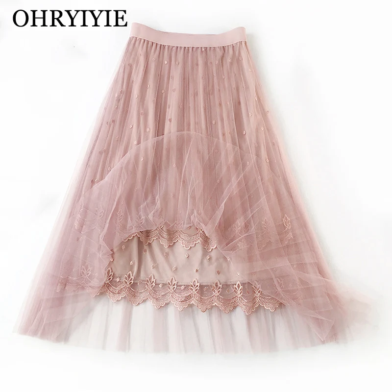 

OHRYIYIE Floral Embroidery Tulle Skirts Women 2019 New Spring Summer Long High Waist Pleated Skirt Sun Fluffy Jupe Longue Femme