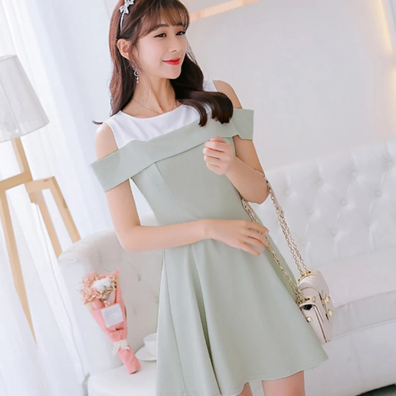 EFINNY Korean Women Sweet Party Dresses Elegant Patchwork Off Shoulder