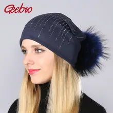 Geebro осень Для женщин круглые стразы хлопок головные уборы Beanies шапка из натурального енота помпонами из меха теплая зимняя шапка с помпоном из натурального меха