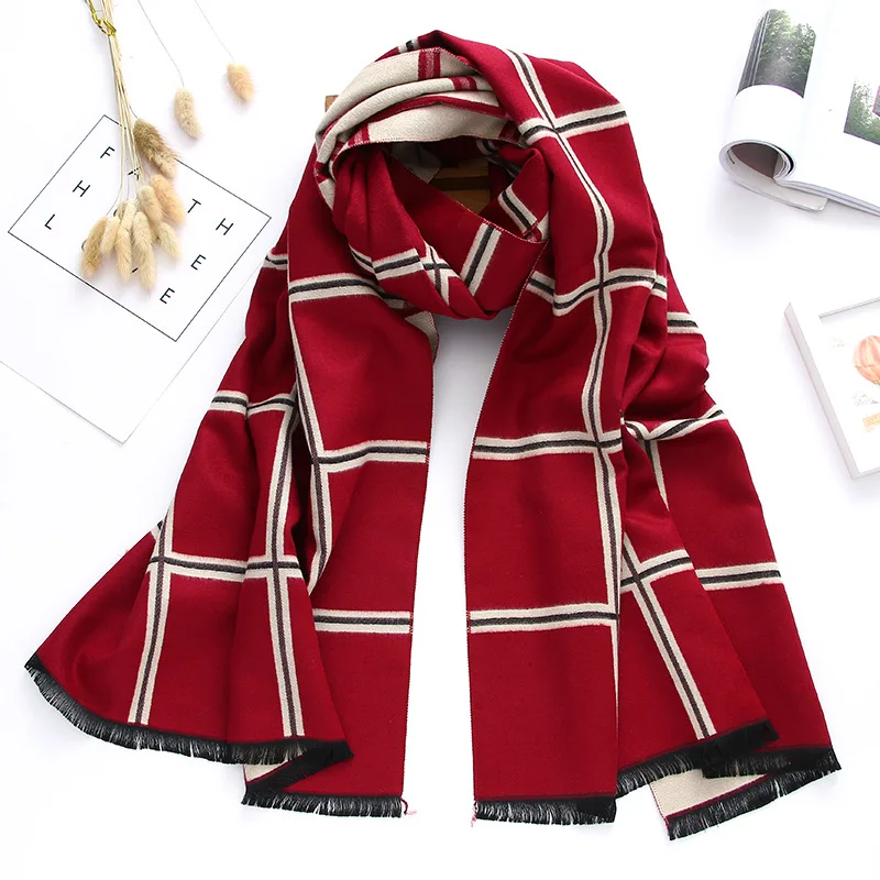 Роскошный брендовый зимний шарф, кашемировые шарфы для женщин, шали и палантины в клетку, плотное теплое мягкое одеяло больших размеров, echarpe femme - Цвет: red