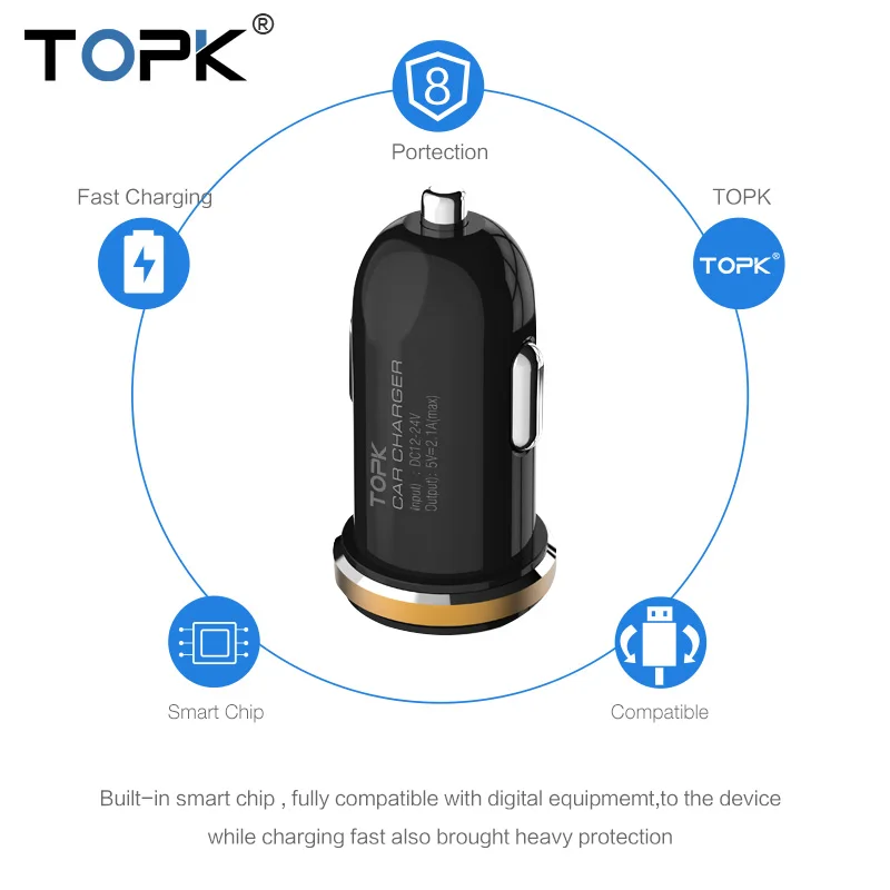 TOPK 5 V 2A العالمي المزدوج USB شاحن سيارة مصغرة سيارة-مهايئ شاحن ل فون سامسونج Xiaomi HTC TOPK 5 V 2A العالمي المزدوج USB شاحن سيارة مصغرة سيارة-مهايئ شاحن ل فون سامسونج Xiaomi HTC