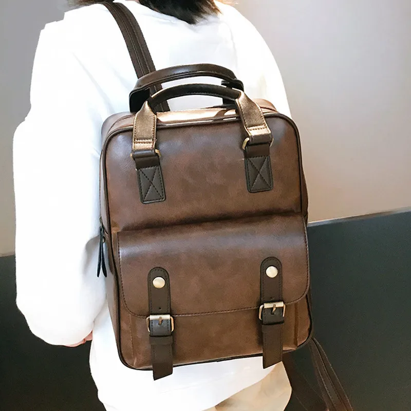 

England Style Classic Backpacks for Women 2019 Vintage Schoolbag Female Leather Square Shoulder Bag Mochila Laptop Backpack