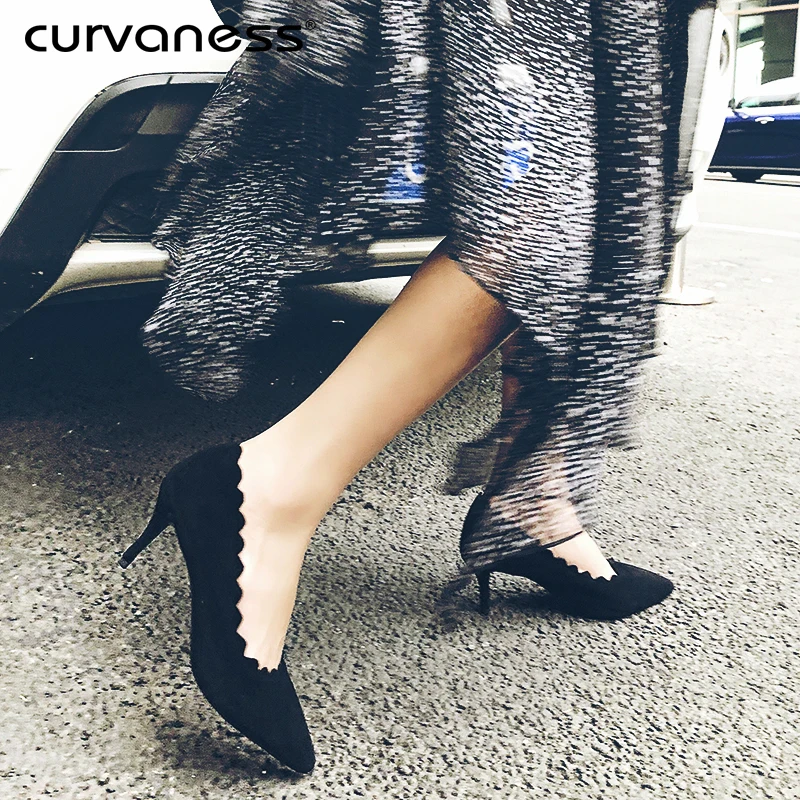 

Curvaness Elegant Ruffled Sheep Anti-skin Single Shoes Pointed Female Comfortable Texture Shallow Mouth High Heels Women's Shoes