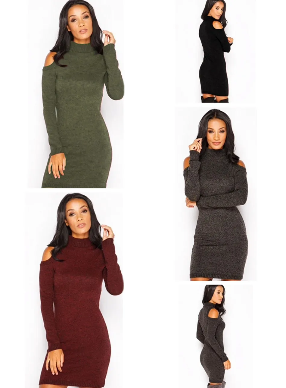 Off Shoulder Knitted Cotton Long-Sleeve Bodycon Mini Dress - Uniqistic.com