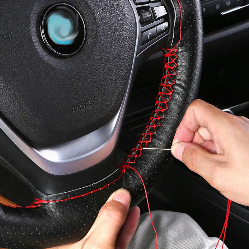 

Sewing braiding of red thread weave Cover on steering wheel Leather Steering Covers DIY stitching set 35/36cm For honda civic