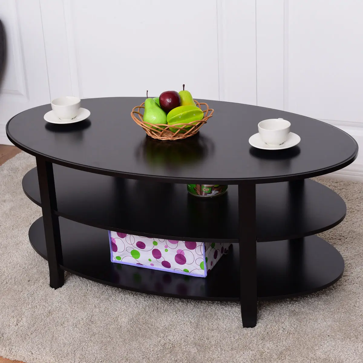 Giantex 3-Tier Wood Oval Coffee Table Modern Accent Cocktail Table with Storage Shelves Home Living Room Furniture HW56633