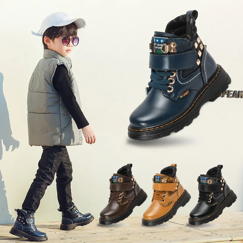 

Winter 2018 Children Fashion Martin Boots Warm Genuine Leather Winter Boots Hook&loop Ankle Rubber Plush Snow Platform Booties