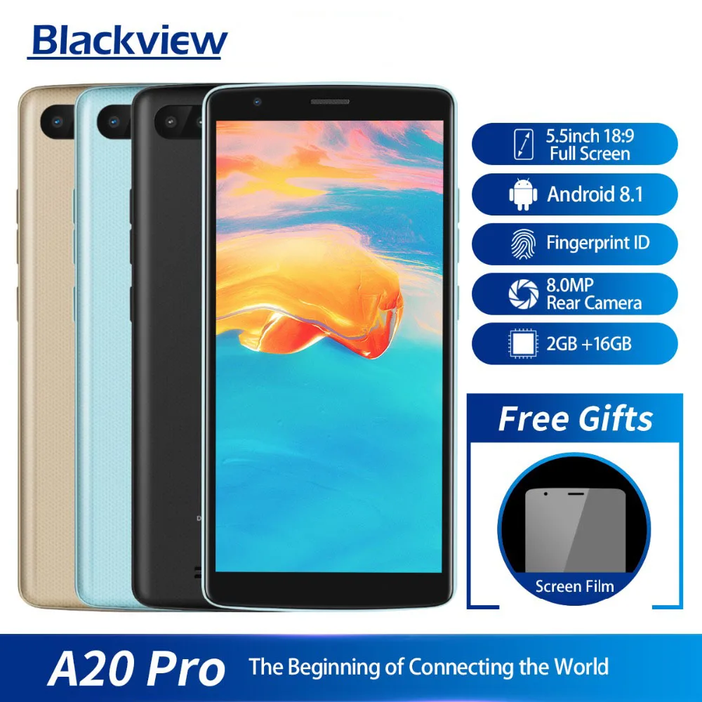 Blackview A20 Pro смартфон 2 ГБ + 16 Гб MT6739WAL 4 ядра Android 8,1 5,5 дюймов 18:9 полный Экран функция отпечатков пальцев, 4G, мобильный телефон