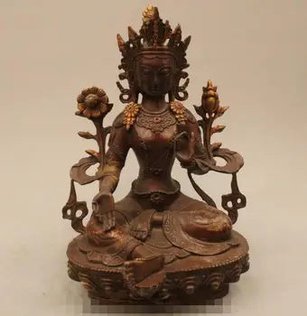

Free shipping S03142 11" Tibet Buddhism Bronze Seat Green Tara Mahayana Enlightenment Goddess Statue