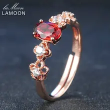 LAMOON Flores Anillos de Plata Esterlina 925 Joyería Fina 100% Oval Rojo Granate Natural Mujeres de La Manera Del Anillo de Bodas Anillos Mujer 2017