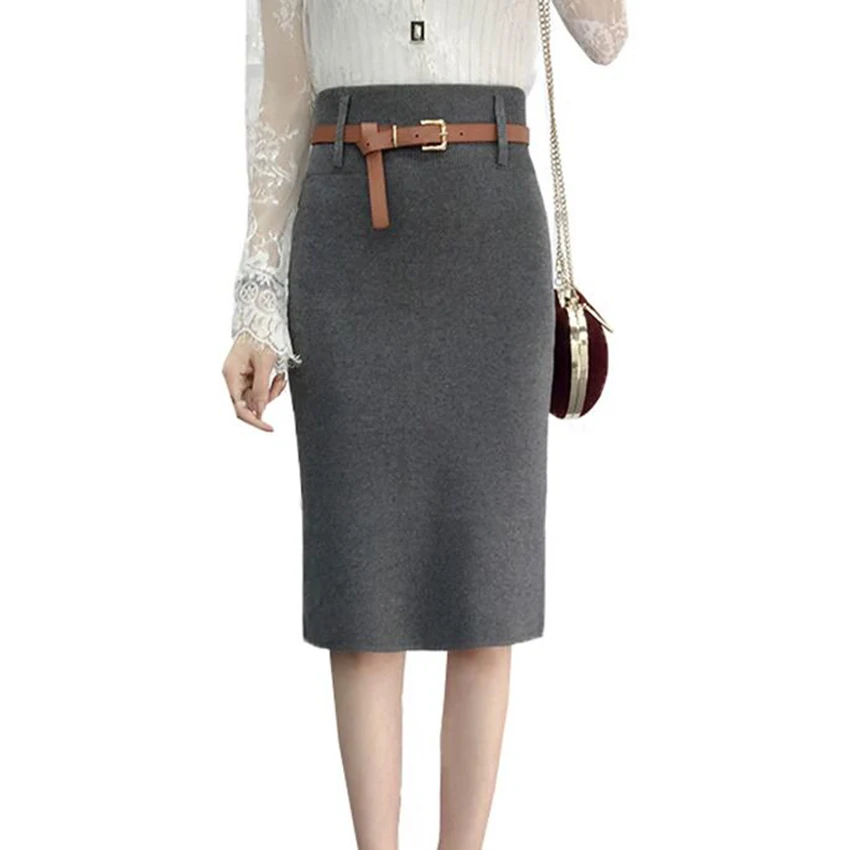 Autumn Winter Knitted Skirt Women New Split Sashes High Waist Bodycon