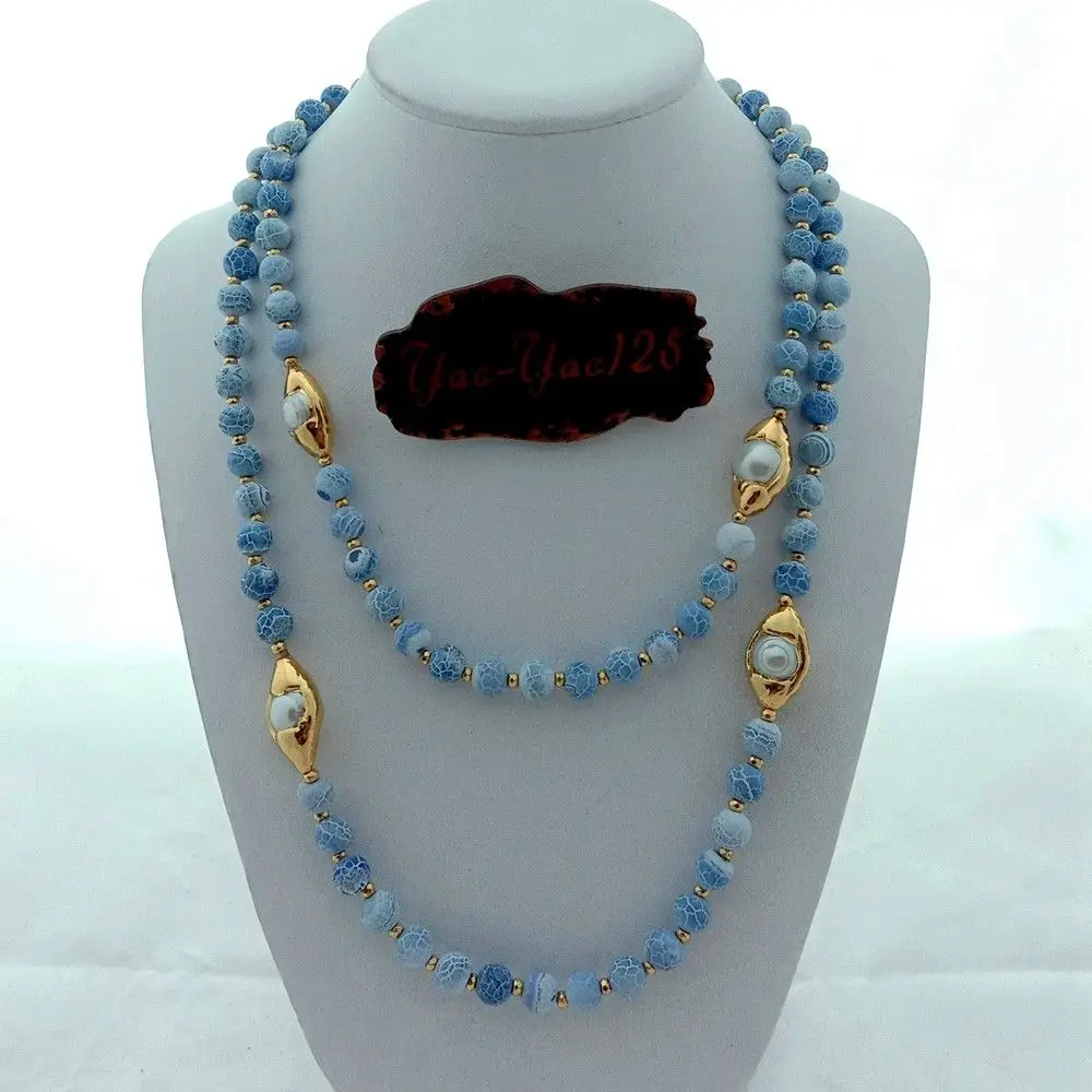 

40" Blue Frosted Stone Golden Plated Pearl Connector Necklace
