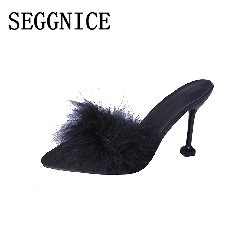 

Women Fur Slippers Thin High Heel Feather Shoes 2019 Summer Women's Slippers Lady Pumps Office Career Elegant Shoes Plus Size
