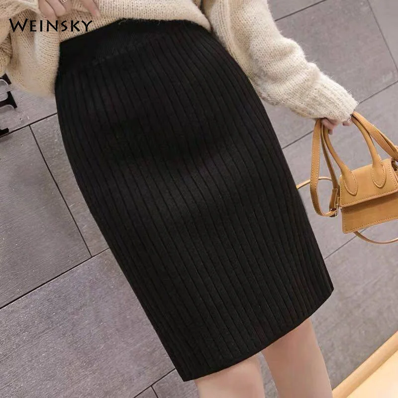 

Women Back Slit Bodycon Elegant Midi Pencil Skirt Autumn And Winter Casual Knitted Skirt High Waist Skirts Womens