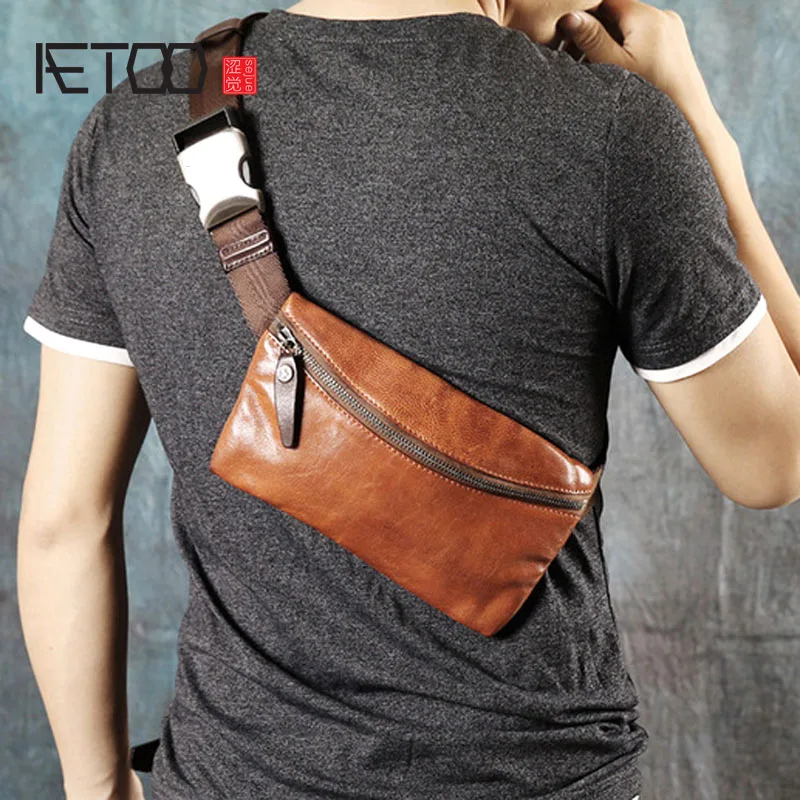 US $42.85 Aetoo Retro Handmade Suede Leather Mens Chest Bag Purse Mini Casual Messenger Bag Youth Vintage Bag