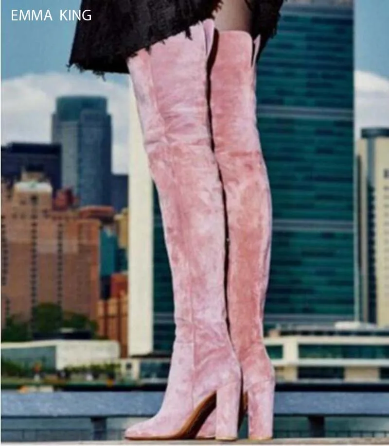 Muslo pink Alta Feminino Botas Black Invierno La Chunky 2018 Suede black Leather Talones Sapato Rodilla Zapatos Calidad Suede Sobre Zipper Otoño Mujer zzUqOZ