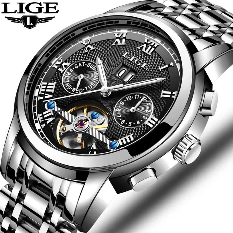

2019 LIGE men's watch brand luxury automatic mechanical watch men's all steel business waterproof sports watch Relogio Masculino