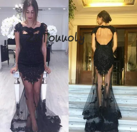 

Open Back Black Lace Evening Dress Elegant Mermaid Appliques Long Fitted Prom Dresses Turkey 2019 Sexy Gorgeous Party Gowns Chic