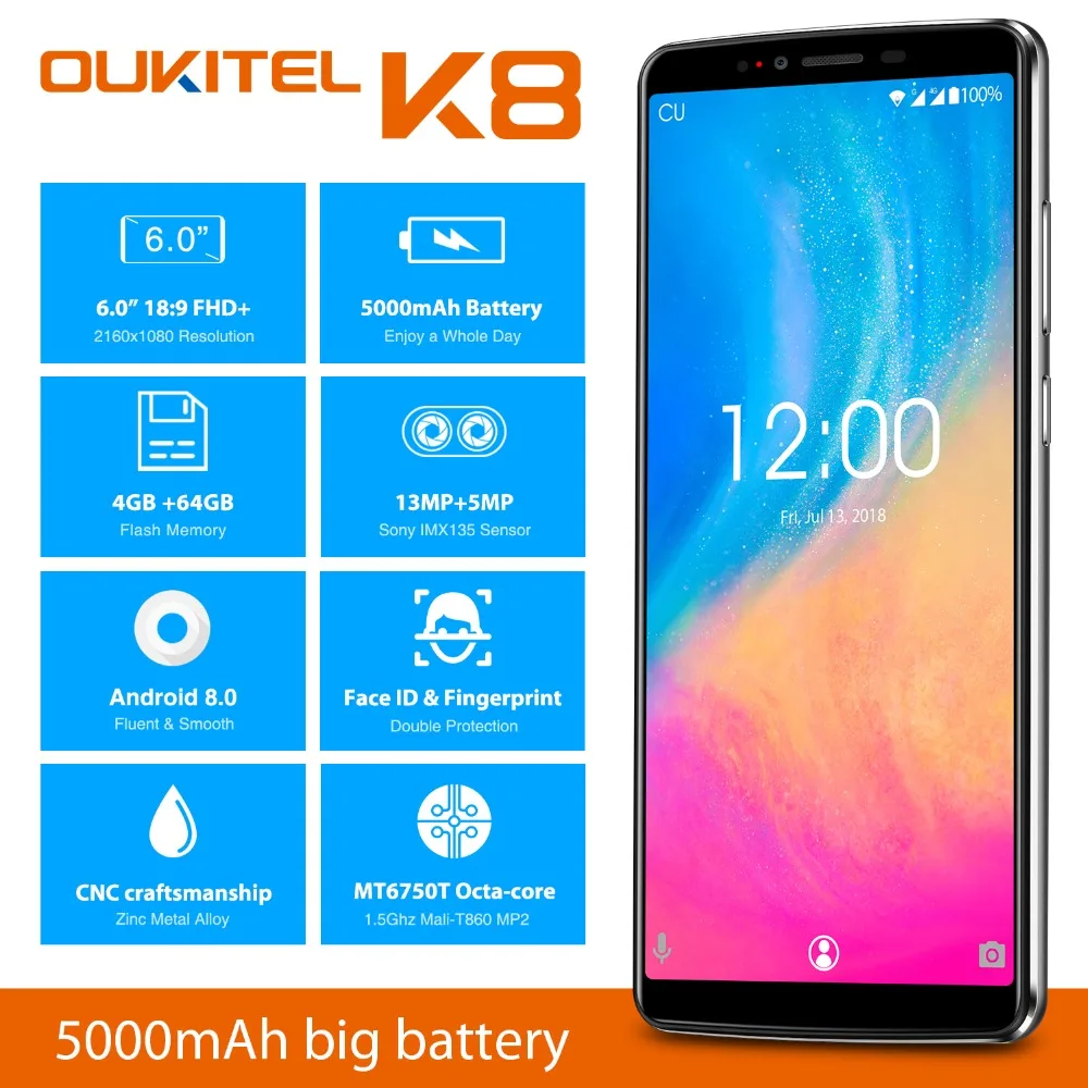 Бесплатная случае OUKITEL K8 MTK6750T Octa Core 6 0 дюйма Face ID Смартфон Android 8 13MP двойной камеры 4