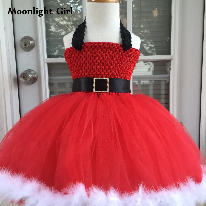 Красное рождественское платье принцессы с Санта Клаусом для девочек, костюм для детей, кружевное рождественское праздничное платье с поясом Подарочное платье-пачка для девочек, PQ070