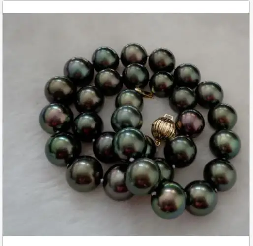 gorgeous 11-13mm tahitian round black green pearl necklace 18inch 14k