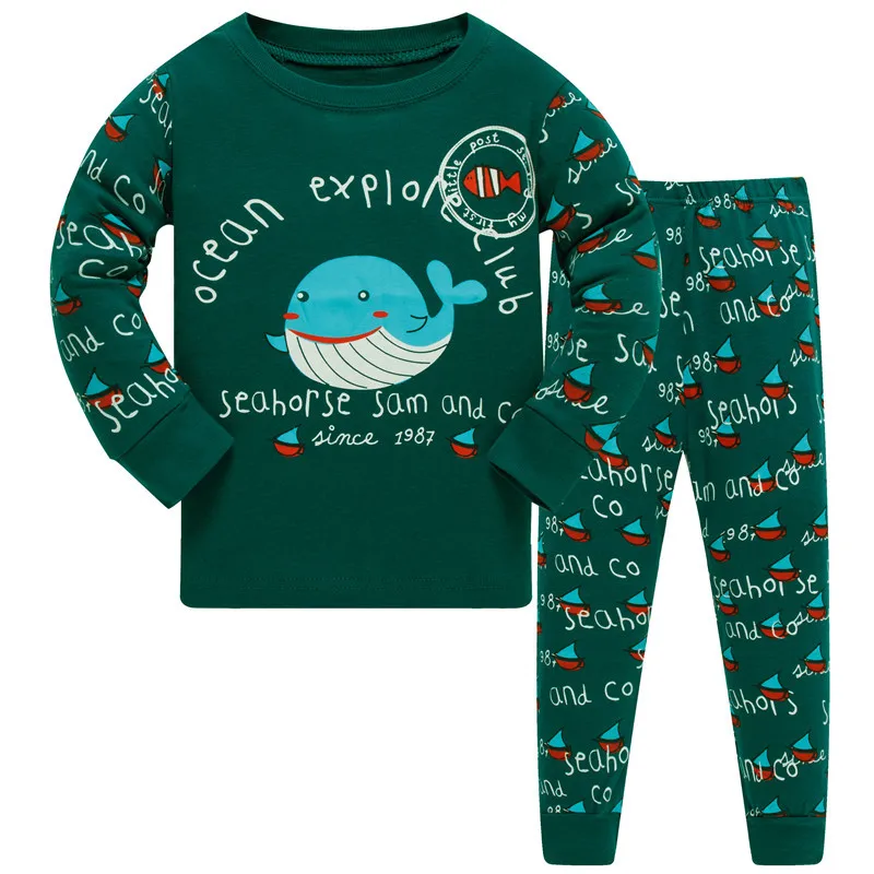 От 3 до 8 лет Комплекты детских пижам с изображением Акулы детский пижама для мальчиков рубашки голубой комплект одежды для мальчиков, пижама с длинными рукавами, футболка со штанами, одежда для сна из хлопка