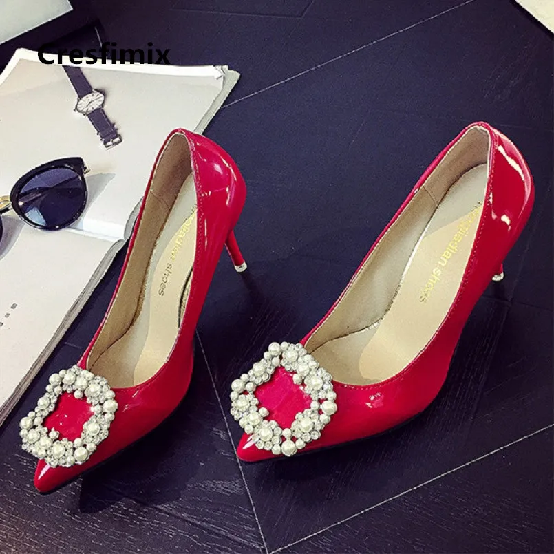 

Tacones Altos Women Fashion Sweet Crystal Red Wedding Shoes Bridal Sexy Black High Heel Pumps Lady Cool High Heel Shoes E2948