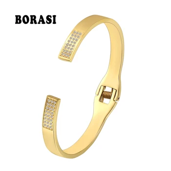

BORASI Lock Shape bracelet Simple Round Crystal On Both Side Bracelets & Bangles Stainless Steel Bracelets For Women Jewellery