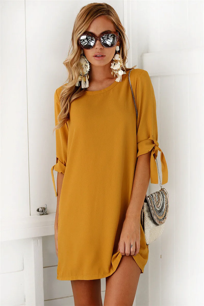 Women Summer Mini Dress Solid Color Casual Loose Sexy Evening Party