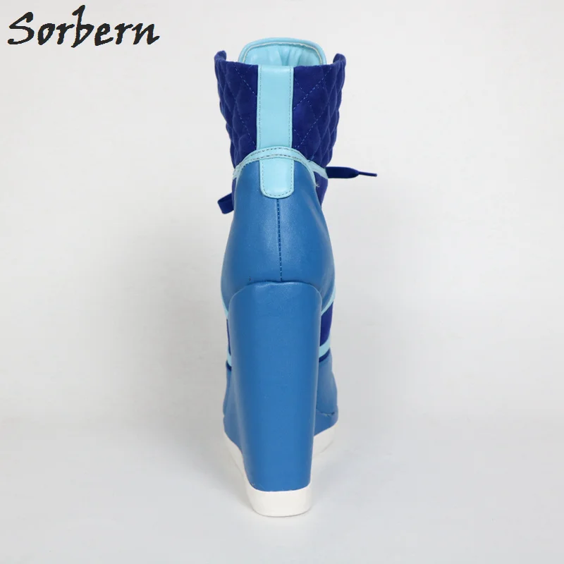 Custom Colors High Heel Sneaker Wedge Boots - Sorbern Blue Women's Lace Up Ankle Boots with Round Toes and Hidden Wedge Sneakers image 4