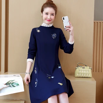 

Autumn outfit women new long-sleeved big yards dress lady vestido elegant blue Korean fashion casual clothes plus size M -4XL