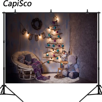 

Capisco vinyl Photograph Background Christmas backdrops photo Gray wall Bear toy Shiny tree Backdrop For Photography