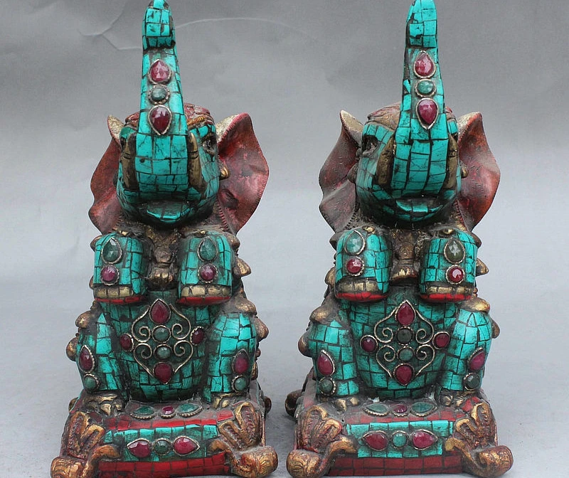 

9" Old Tibet Royal Palace FengShui Turquoise Wealth Sit Elephant Statue Pair