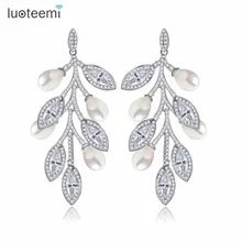 LUOTEEMI, модные роскошные массивные кожаные серьги с подвеской для женщин, имитация жемчуга, белое золото, цвет CZ, свадебные ювелирные изделия Brincos