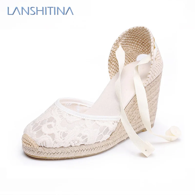 

LANSHITINA 2017 new summer women shoes high-heeled Canvas wedge espadrilles sandal
