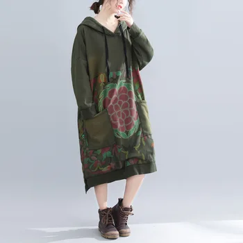 

Winter National Print Hooded Dress Baggy Warm Fleece Maxi Dress Big Pockets Retro irregular Robe Big Size Knitted cowboy Dresses
