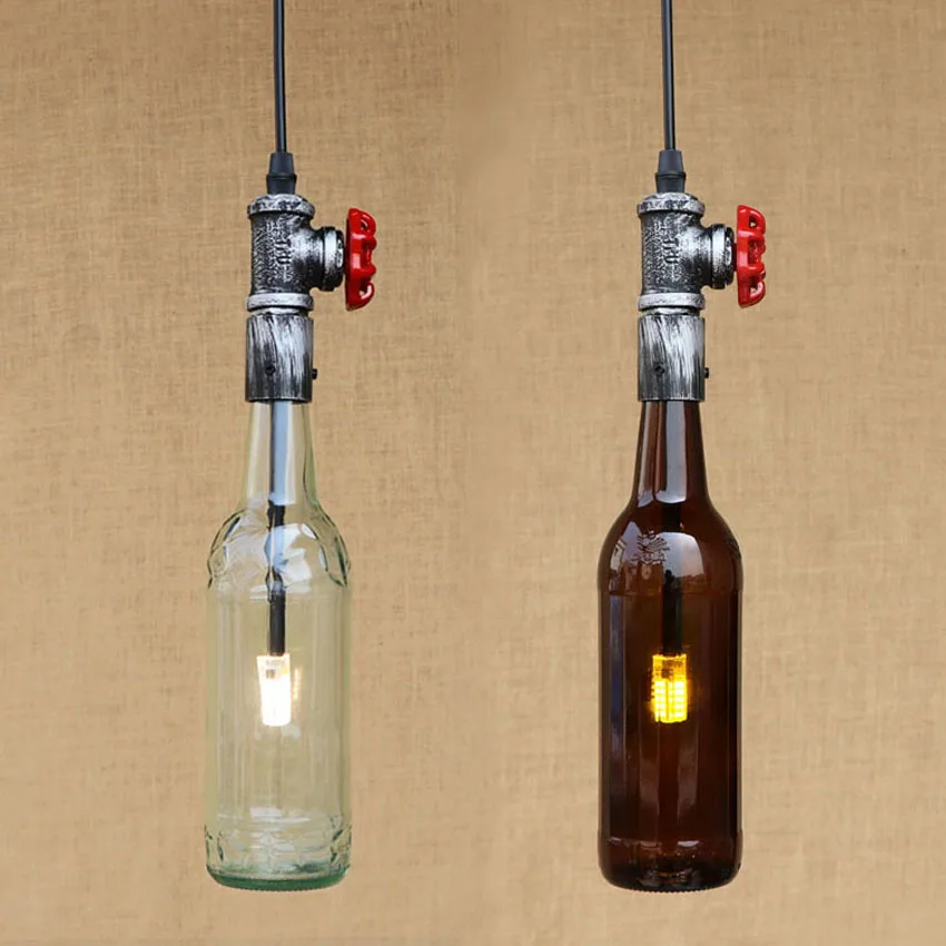 

American Industrial Creative Pendant Light,Water Pip& Wine Bottle Lampshade Retro Hanging Lamp for Restaurant Bar Light Fixture