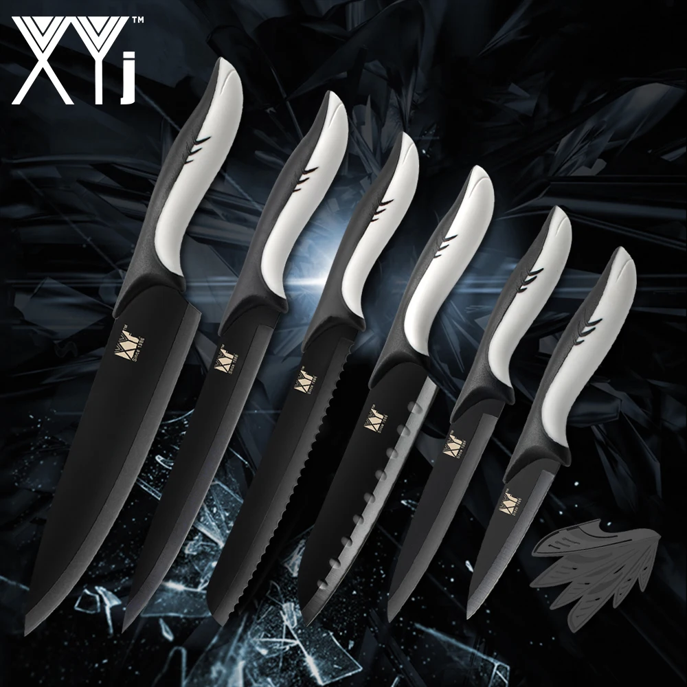 

XYj 6 Piece Cooking Knife Set Stainless Steel Black Blade Comfortable Handle Chef Bread Slicing Santoku Utility Paring Knife