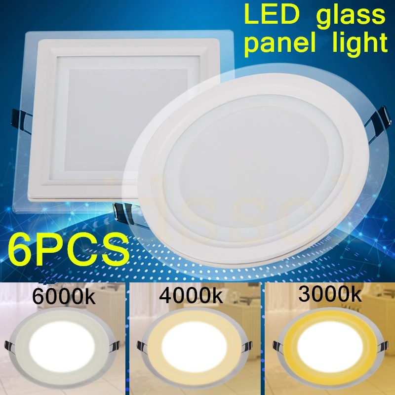 LED Panel Downlight Square Glass Cover Lights 6W 12W 18W Dimmable AV110V/220V85-265 High Bright Ceiling Recessed Lamps+Driver