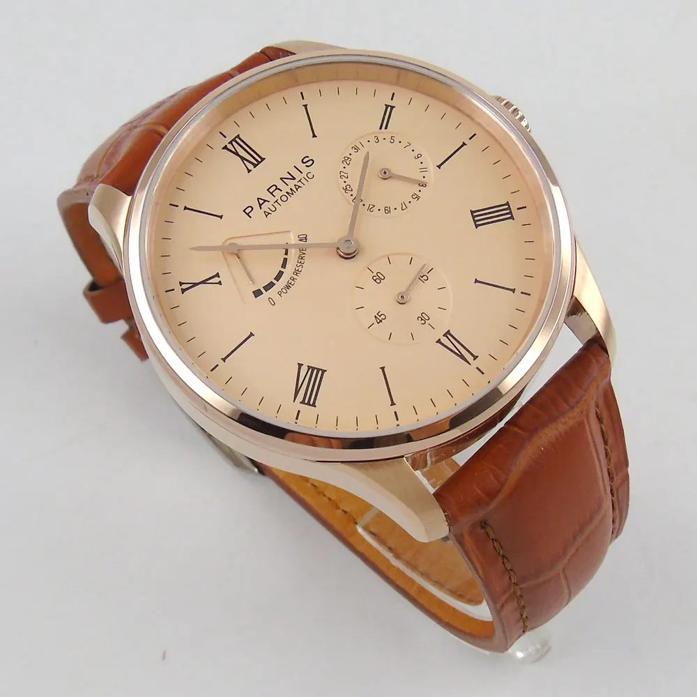  42mm Parnis Rose Golden dial Brown Leather Strap Rose Golden Plated Case Auto Date ST 2542 Automati