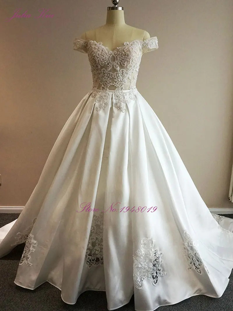 

Julia Kui Real Photos Cut-Out Applique Satin Ball Gown Wedding Dress Sweetheart Off The Shoulder Bridal Gown Vestido De Novia