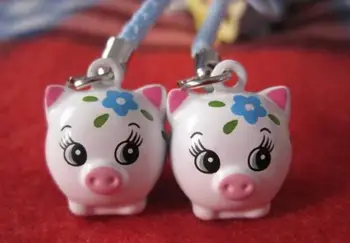 

Hot Sale 50 pcs Cartoon Pig Charms Bell Pendant With Strap Cellphone Key Chains X-7