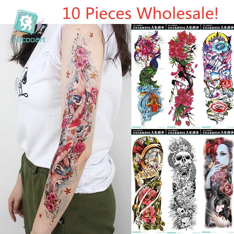 

Wholesale AC Series-10pcs/lot Long Lasting Big Full Arm Tattoo Sticker Women Men Large Sleeve temporary Tattoo Size16x48cm