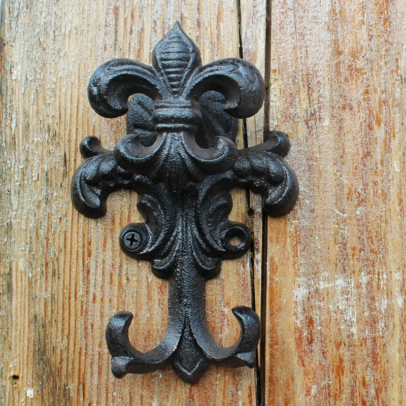 Antique Black Fleur De Lis Design Cast Iron Wall Hook With Two Hangers European Industrial Accents Home Garden Wall Decor Hook Antique Black Fleur De Lis Design Cast Iron Wall Hook With Two Hangers European Industrial Accents Home Garden Wall Decor Hook