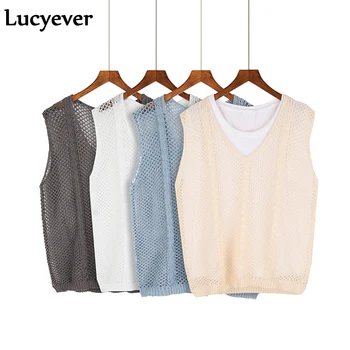 

Lucyever Sexy v-neck women knitted vests fashion spring summer solid sleeveless pullover hollow out thin sweater vest loose coat