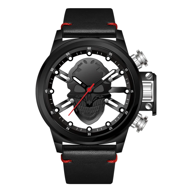 MUNITI мужские часы в стиле панк дизайн 3D Полые Череп Кварцевые Reloj Hombre крутой пиратский Скелет циферблат кожа мужские уличные часы - Цвет: Black Skull