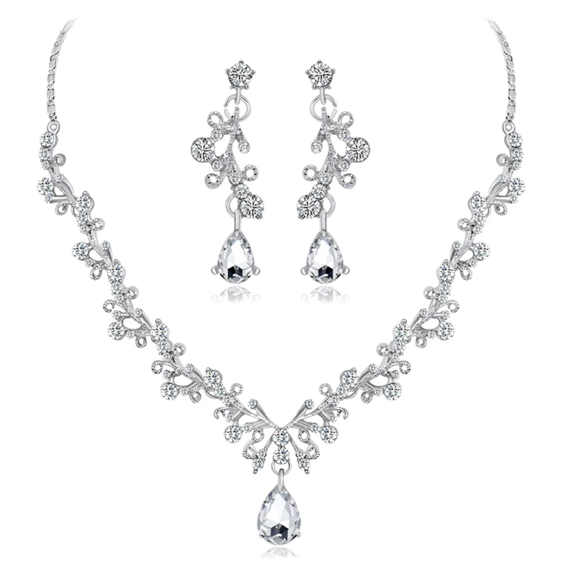 

High-End Shiny Crystal Zircon Necklace Set Bride Necklace Earrings Two-Piece