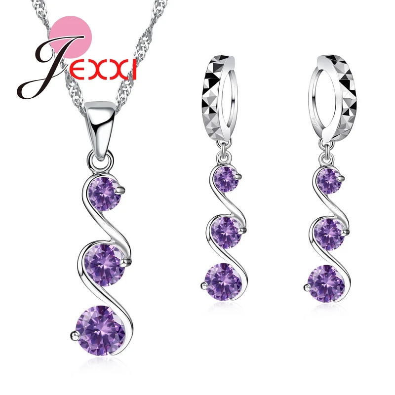 

Original Design 925 Silver Needle Purple Pink White Zircon Pendant Necklace Hoop Earrings Set Wedding Engagement Jewelry Sets