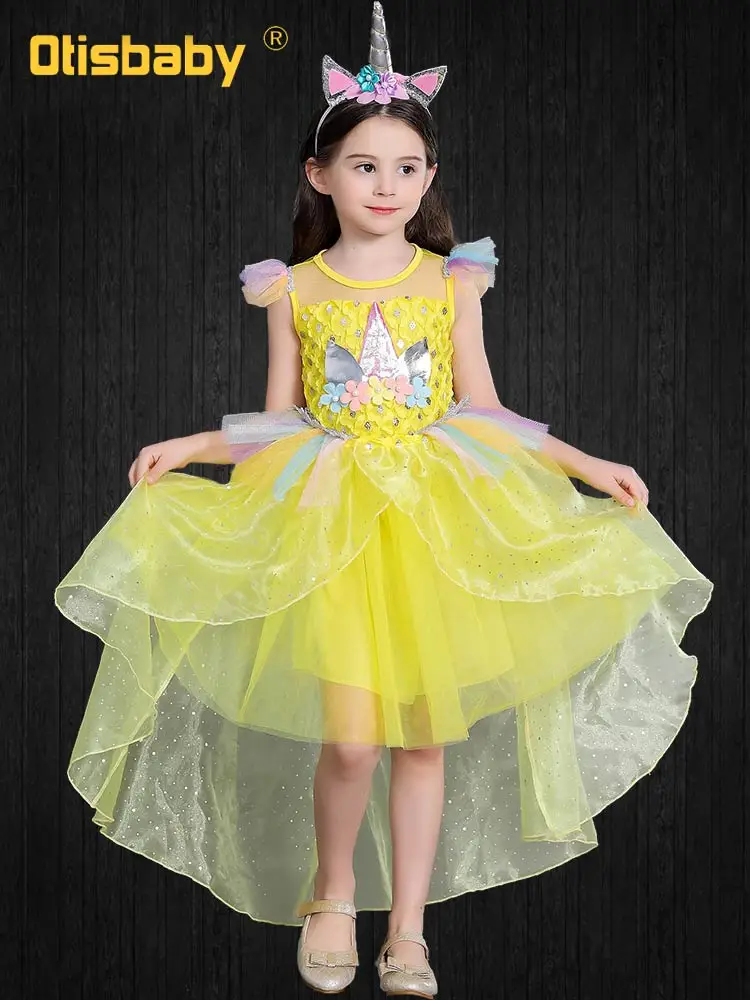 Детское платье с цветочным принтом и единорогом для дня рождения; костюм для девочек на Рождество и год; платье принцессы с длинным шлейфом для девочек; roupa infantil - Цвет: Yellow
