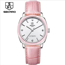 2017 SEKARO Mechanical Hand Wind Women Watches Lady Fashion Casual Rhinestone Skeleton Dial analog Wristwatches Leather Strap